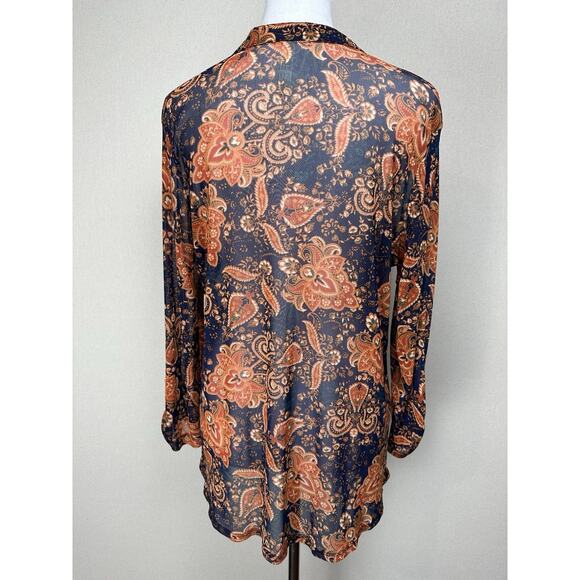 PerSeption Concepts XL Navy Blue Orange Button front V-neck Sheer Blouse Top - Picture 8 of 15